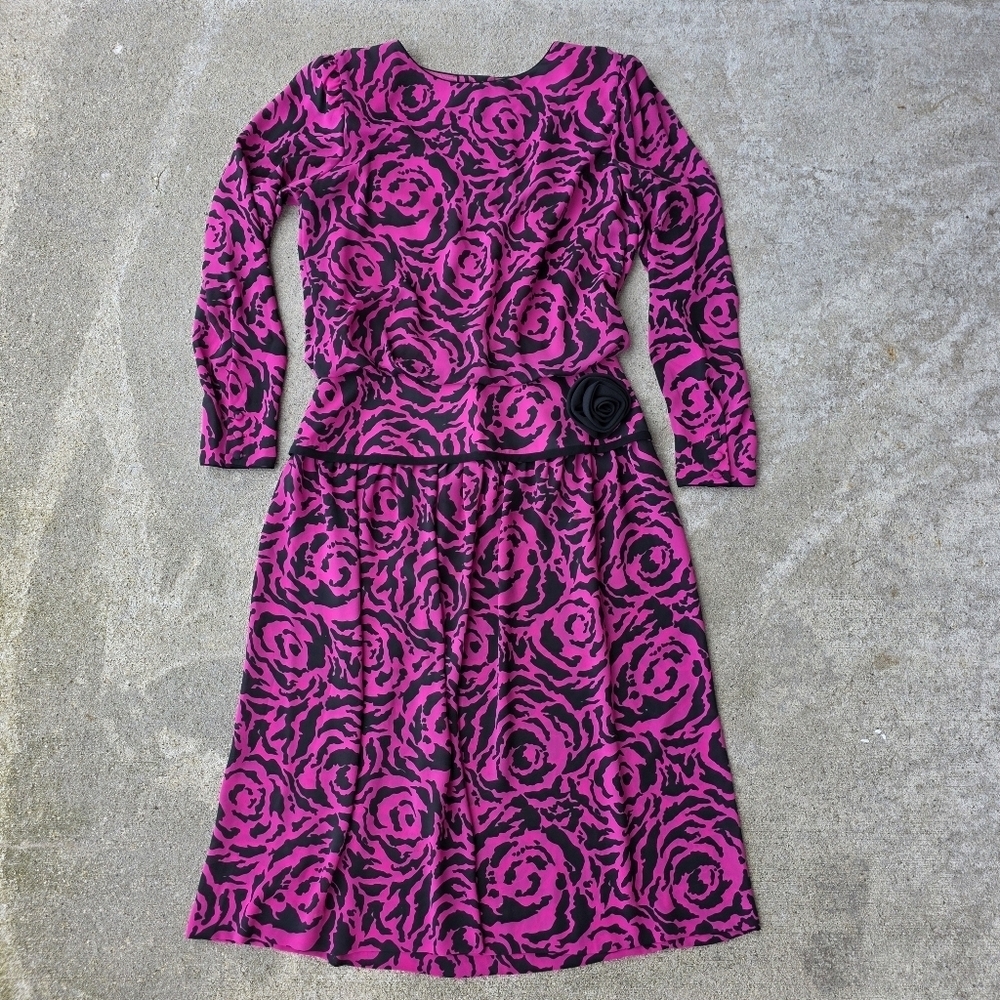 Vintage 80s R&K Originals Pink Rose Print Peplum Dress - Picture 14 of 14